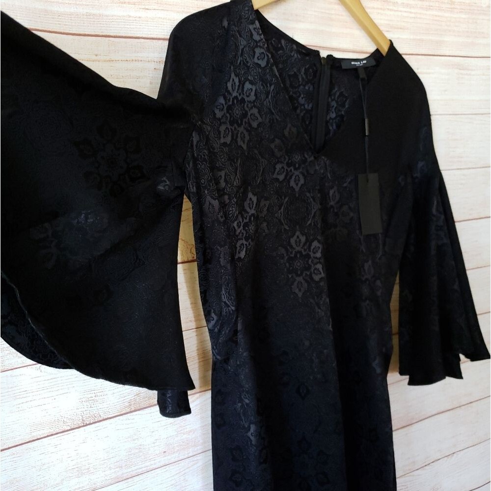 Derek Lam Jacquard Shift Bell Sleeves Dress in Black V-Neck Women's Size 42 - Picture 5 of 9